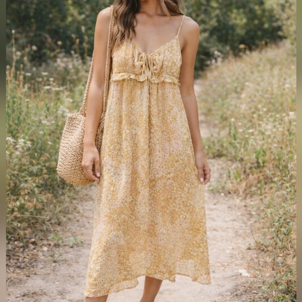 Wild Skye Yellow Floral Tie-Front Dress 100% Rayon Boho Cottagecore Sundress